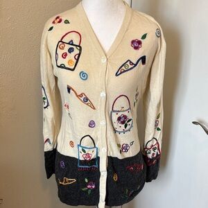 Michael Simon Silk Blend Embroidered gray & cream cardigan Sweater size S